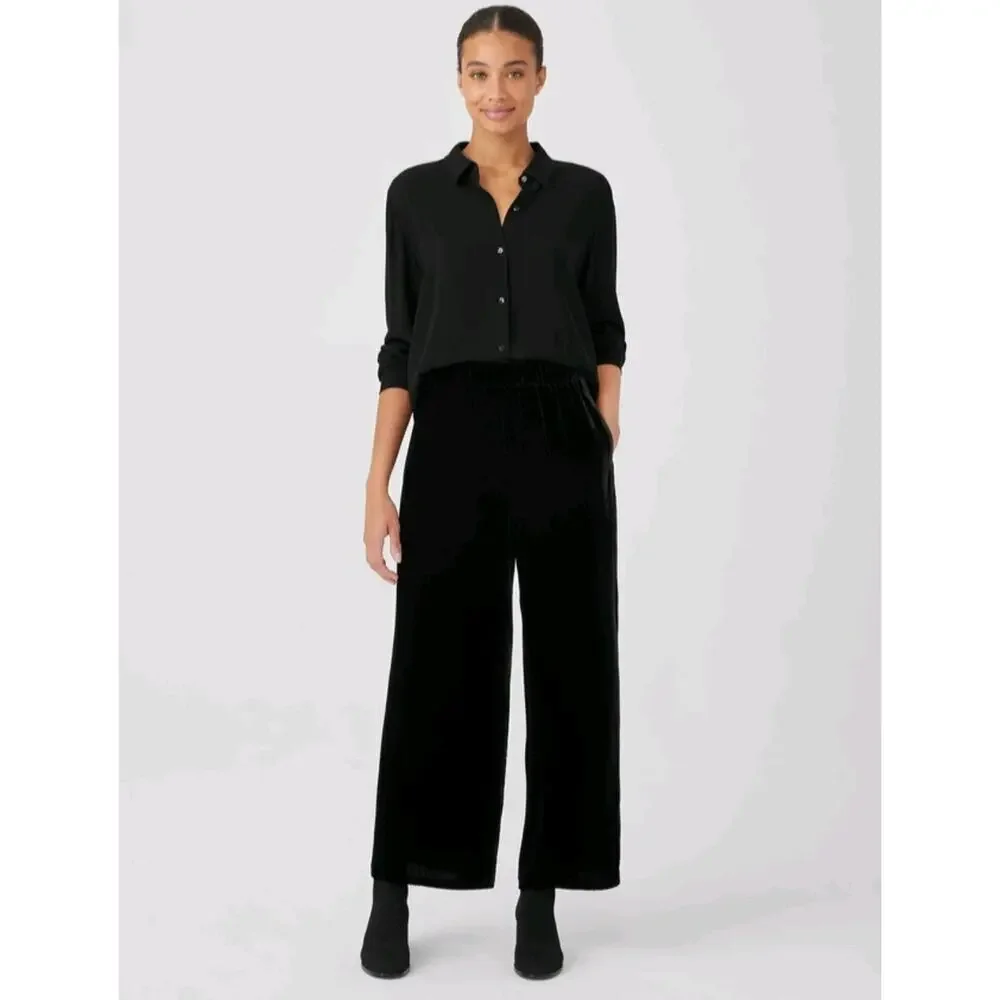 Eileen Fisher Velvet Pants Womens Plus Size XXL Black Wide Leg Silk New Whit Tag - Picture 1 of 16